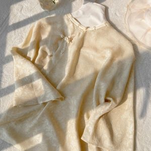 Áo Kiểu Cao Cấp Cách Điệu Xing Store – Lụa Tơ Ánh Kim, Họa Tiết Lá Ngân Hạnh & Đính Kết Ngọc Trai