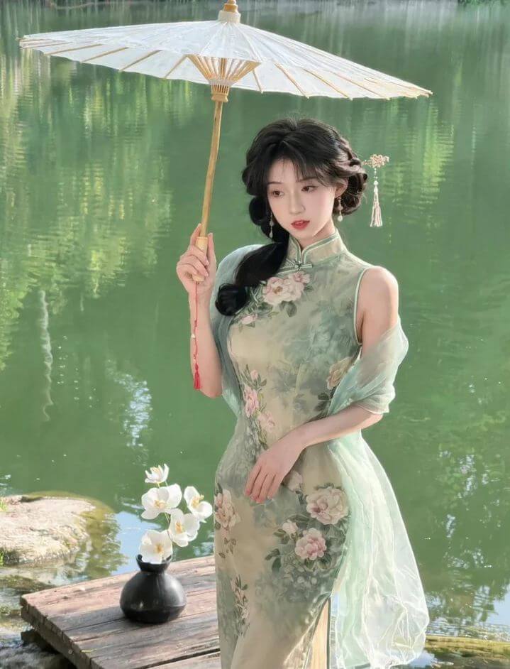 Sườn xám hoa nổi cổ yếm