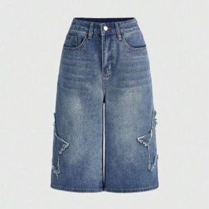 Quần ngố nữ ống rộng denim - thiết kế cạp cao họa tiết ngôi sao nổi bật