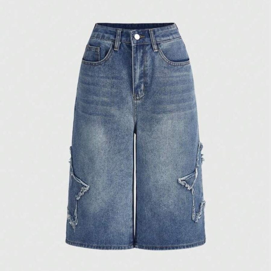Quần ngố nữ ống rộng denim - thiết kế cạp cao họa tiết ngôi sao nổi bật