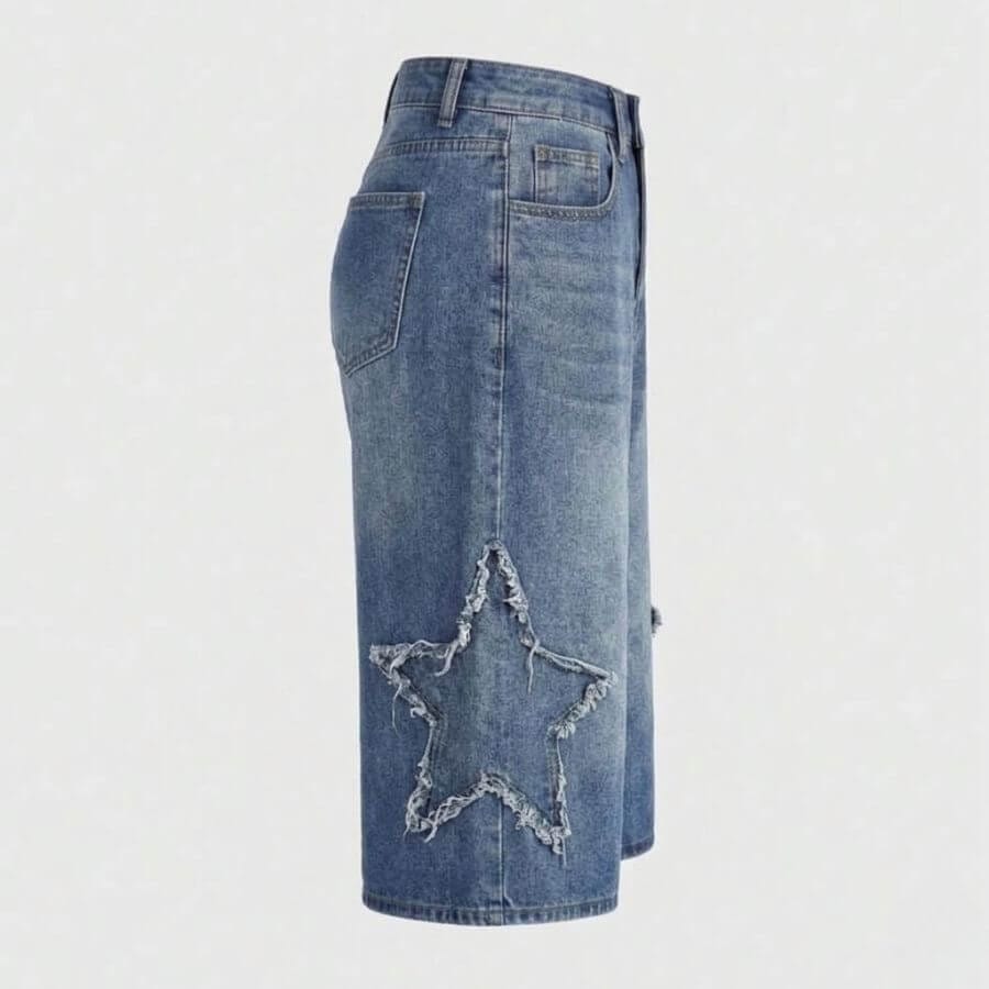 Quần sooc nữ ống rộng denim - thiết kế cạp cao họa tiết ngôi sao nổi bật