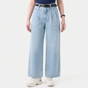 Quần dài nữ ống rộng xếp ly chất jean cao cấp - Cạp cao tôn dáng
