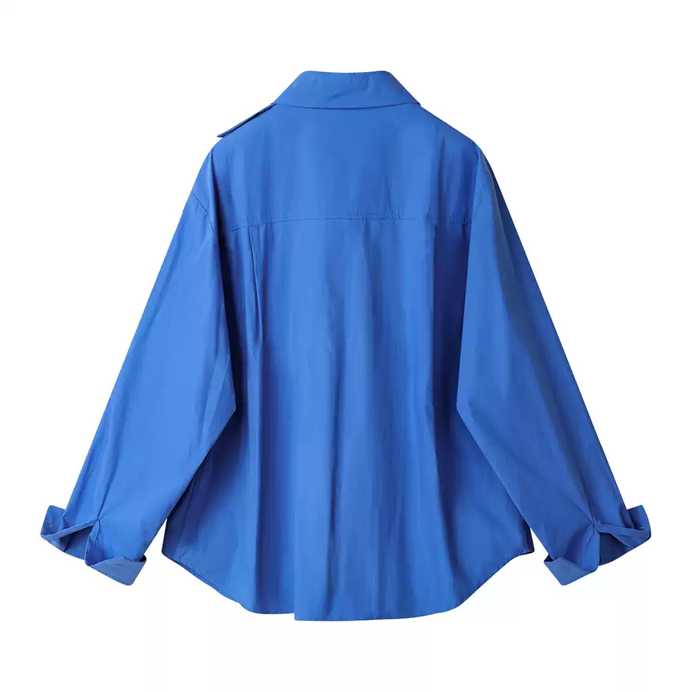 Áo Sơ Mi Nữ Xanh Cobalt Vạt Chéo độc đáo kèm túi mini tay dài - Ảnh 3