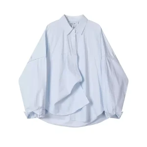 Áo Sơ Mi Nữ Xanh Nhạt Dáng Rộng Cách Điệu Vạt Chéo Cao Cấp