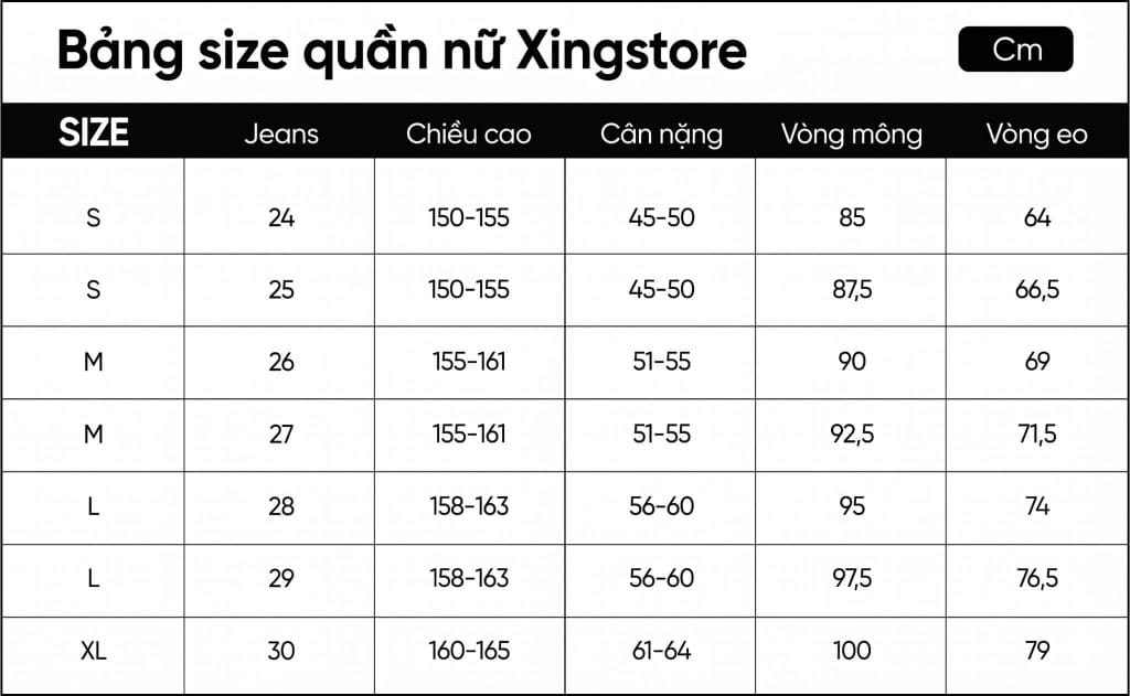 Bảng size quần nữ Xingstore