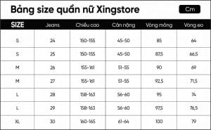 Bảng size quần nữ Xingstore
