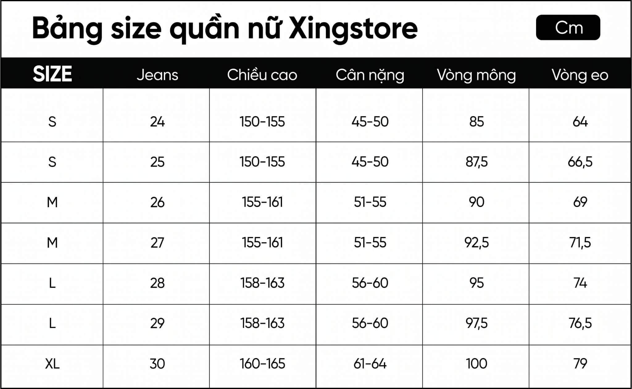 Bảng size quần nữ Xingstore