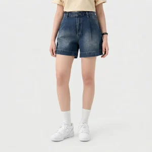 XING STORE quần sooc jeans nữ xanh cạp cao thiết kế xếp ly trước năng Động