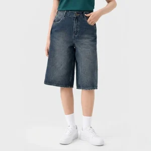 quần jeans nữ lửng xanh Đậm dáng rộng basic, tinh tế