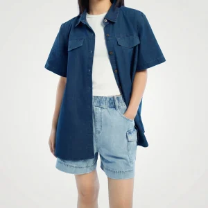XING STORE Áo sơ mi jean nữ ngắn tay dáng suông rộng trẻ trung, hiện Đại