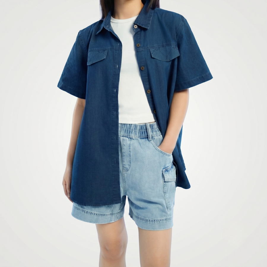 Áo sơ mi jean nữ ngắn tay dáng suông rộng trẻ trung, hiện Đại Áo sơ mi jean nữ ngắn tay dáng suông rộng trẻ trung, hiện Đại