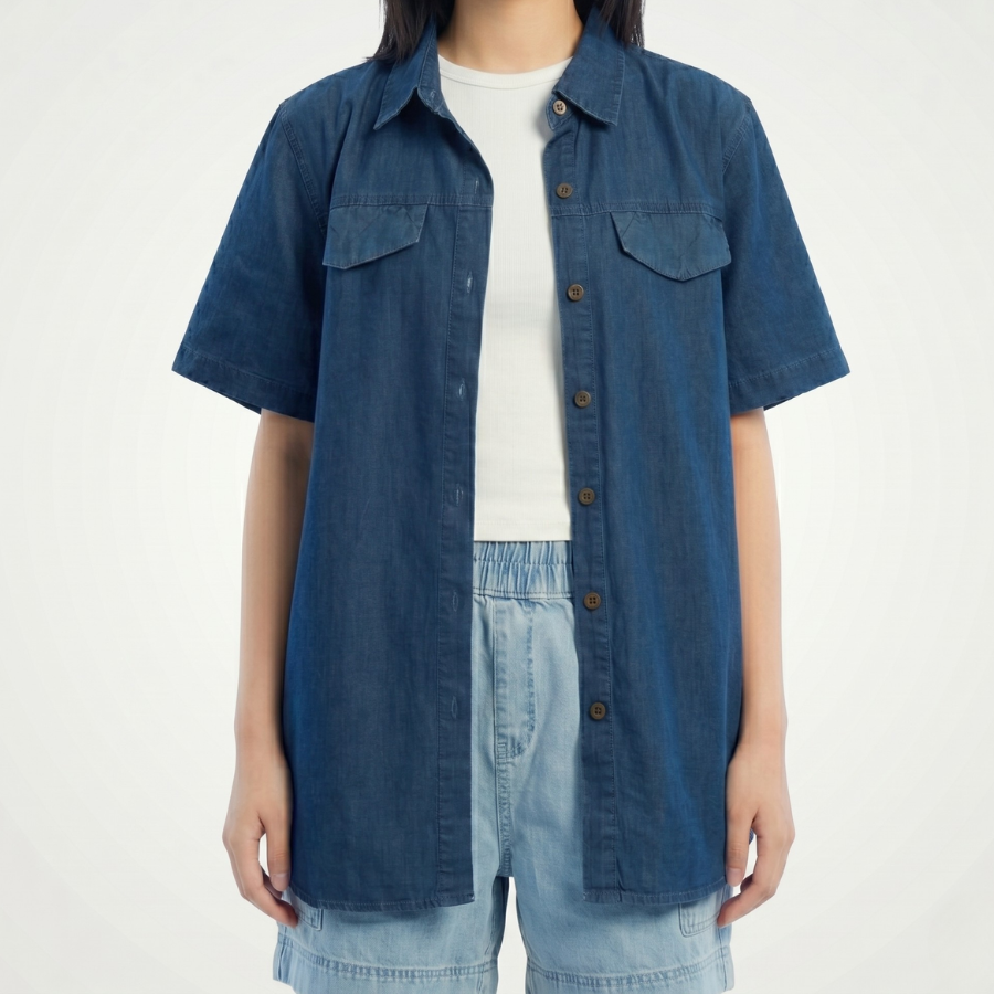 Áo sơ mi jean nữ ngắn tay dáng suông rộng trẻ trung, hiện Đại Áo sơ mi jean nữ ngắn tay dáng suông rộng trẻ trung, hiện Đại