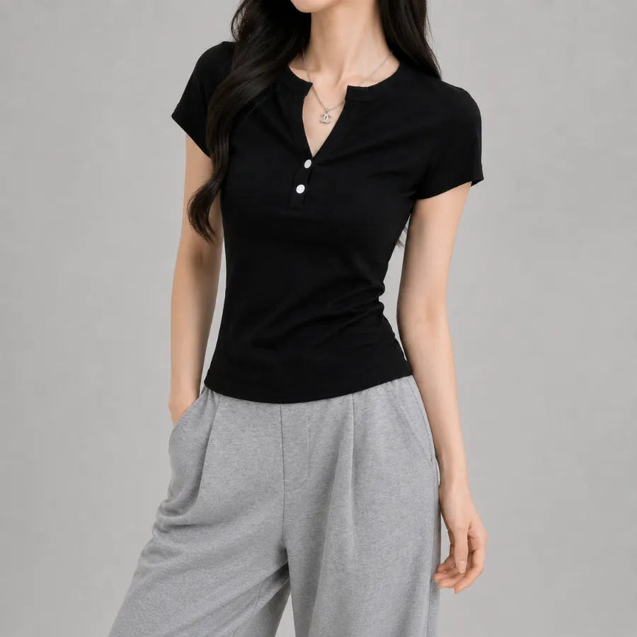 Áo thun ôm body đính nút nữ