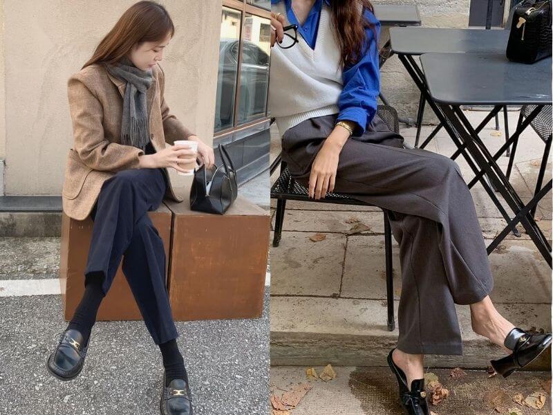 Quần ống rộng dáng suông kết hợp giày loafer thanh lịch
