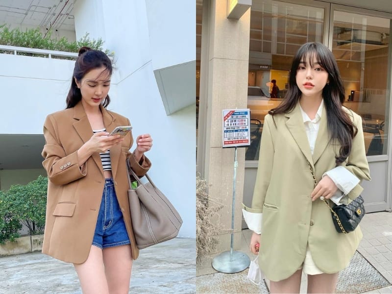 quần sooc jean nữ phối với áo blazer