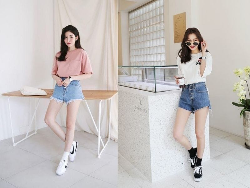 quần sooc nữ phối với áo thun