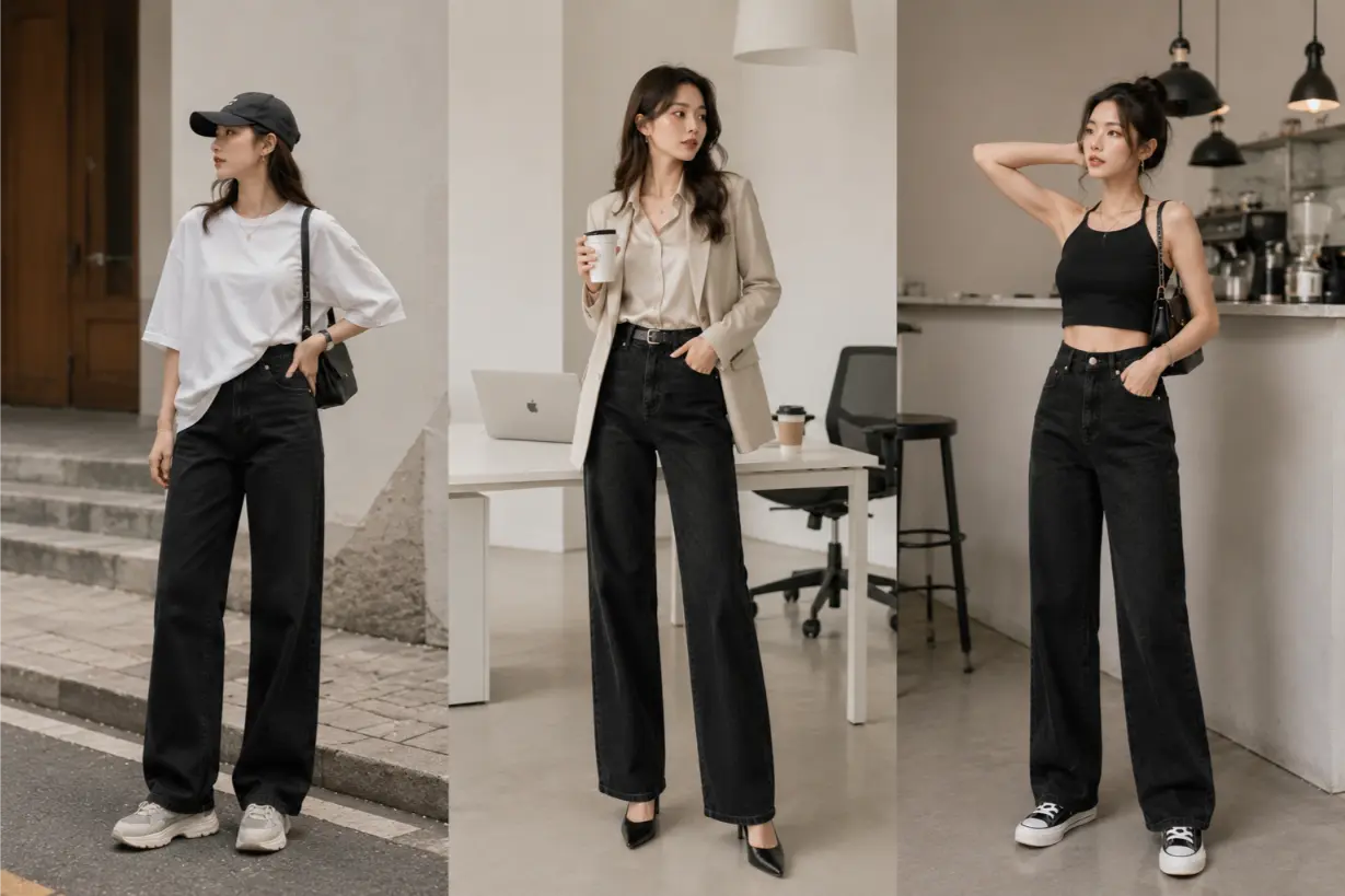 3 cách phối đồ với quần jean ống suông đen