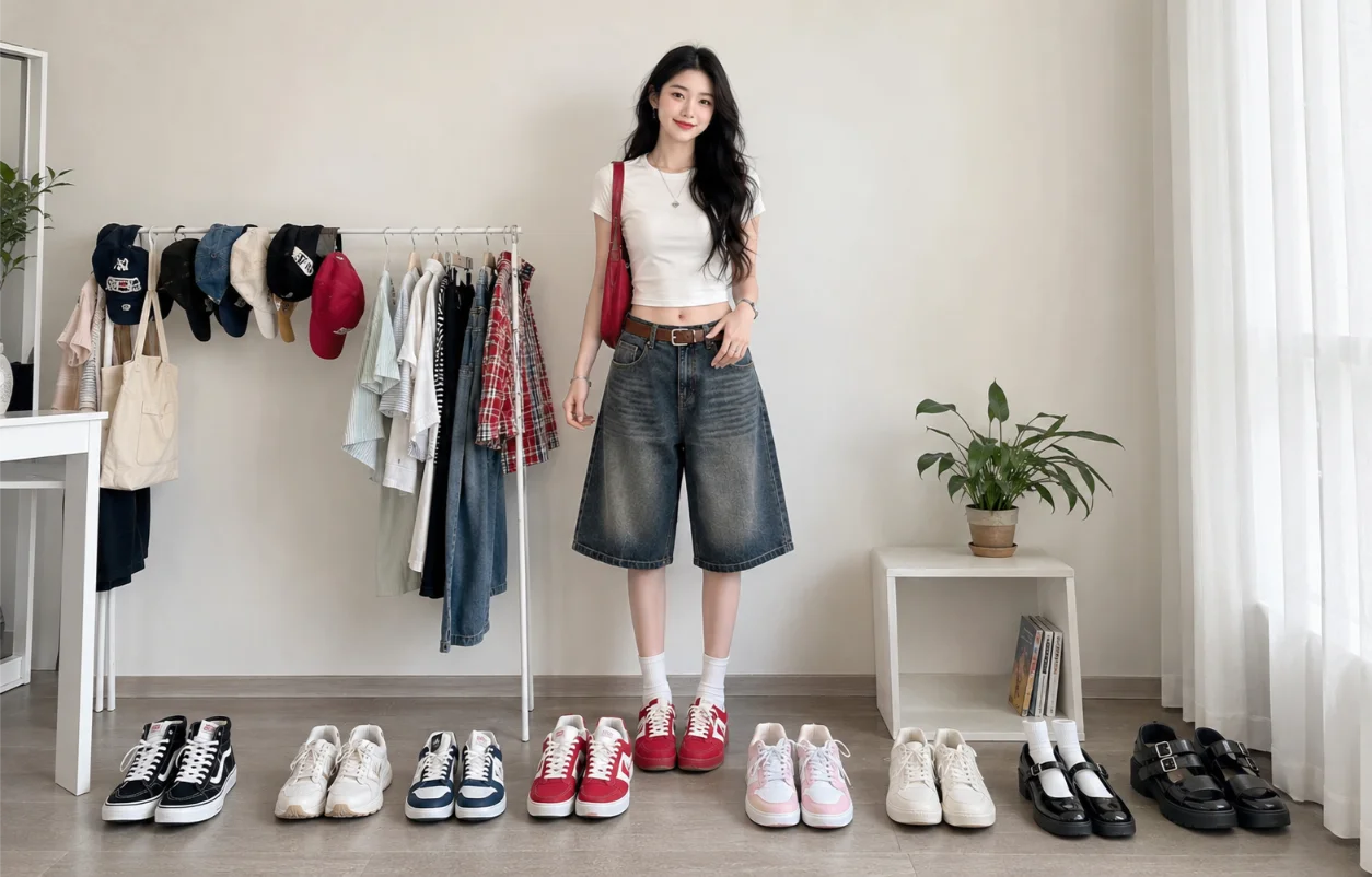 Các kiểu phối quần ngố jean nữ với áo và giày sneaker